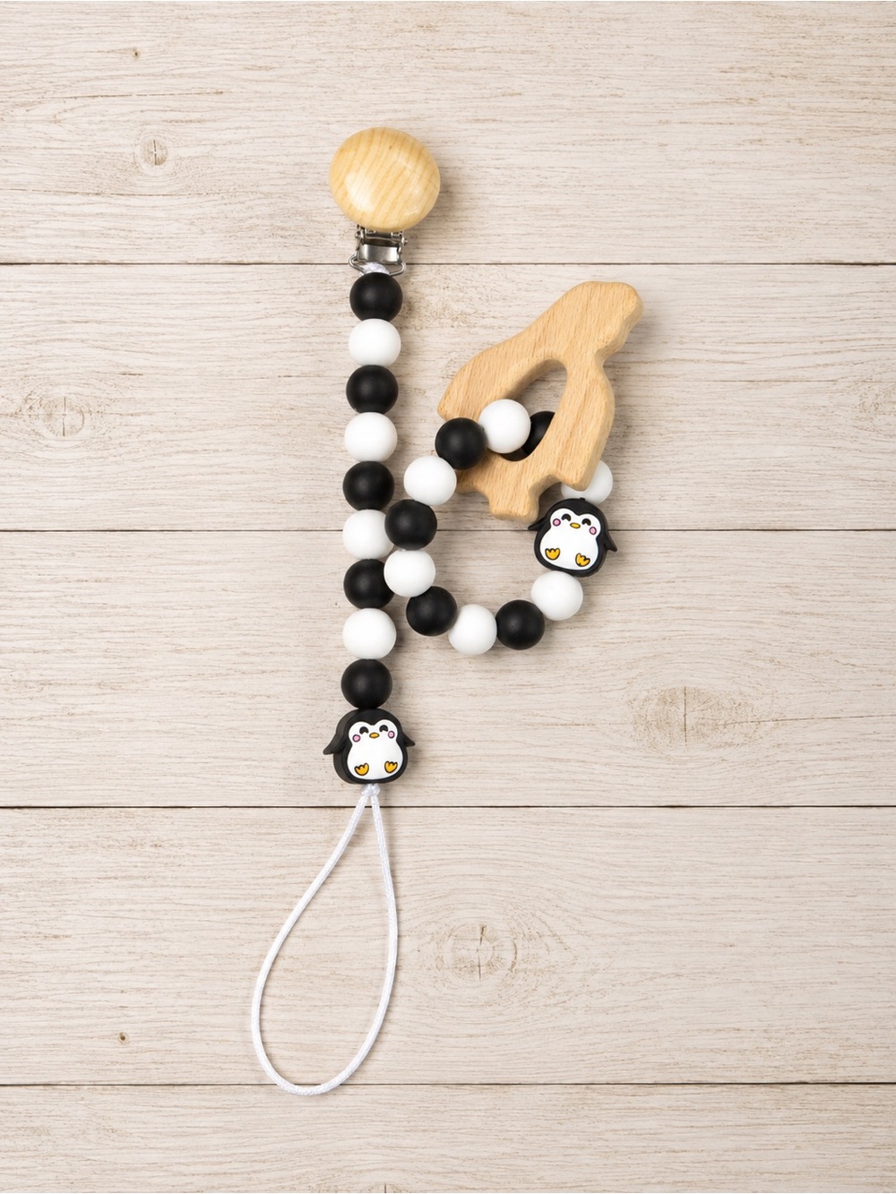 Penguin Silicone Bead Pacifier Clip with Wooden Teether - Black & White
